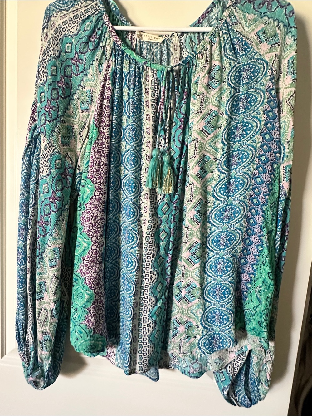 lovestitch Teal & Aqua Printed Peasant Tunic with Tassel Tie
